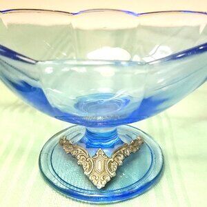 Vintage Italian Blue Glass Compote Bowl - Ornate Silver-Tone Footed Base - Made